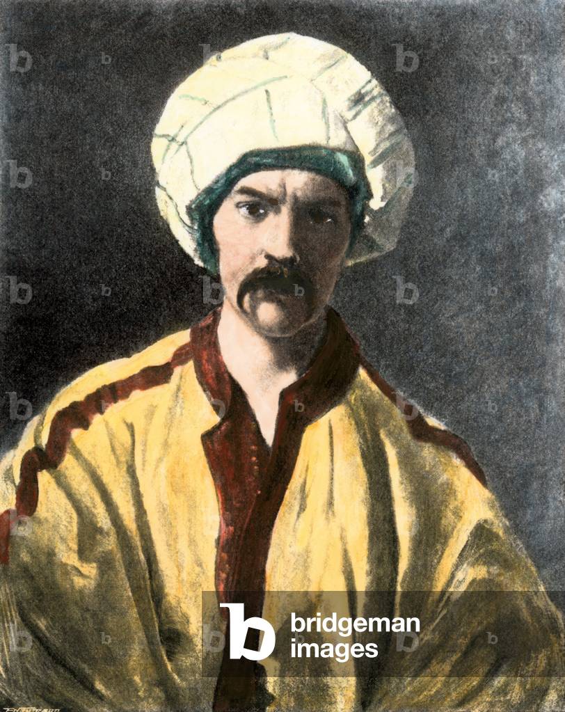 Portrait of the explorer, writer, British linguist Sir Richard Francis Burton (1821-1890) in traditional Indian costume. Lithograph of the 19th century
