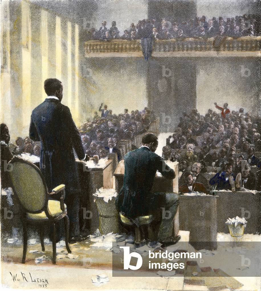 Legislature for the reconstruction of the States of South Carolina including Afro-American delegates passing the appropriation bill in 1873. Colour engraving of the 19th century.