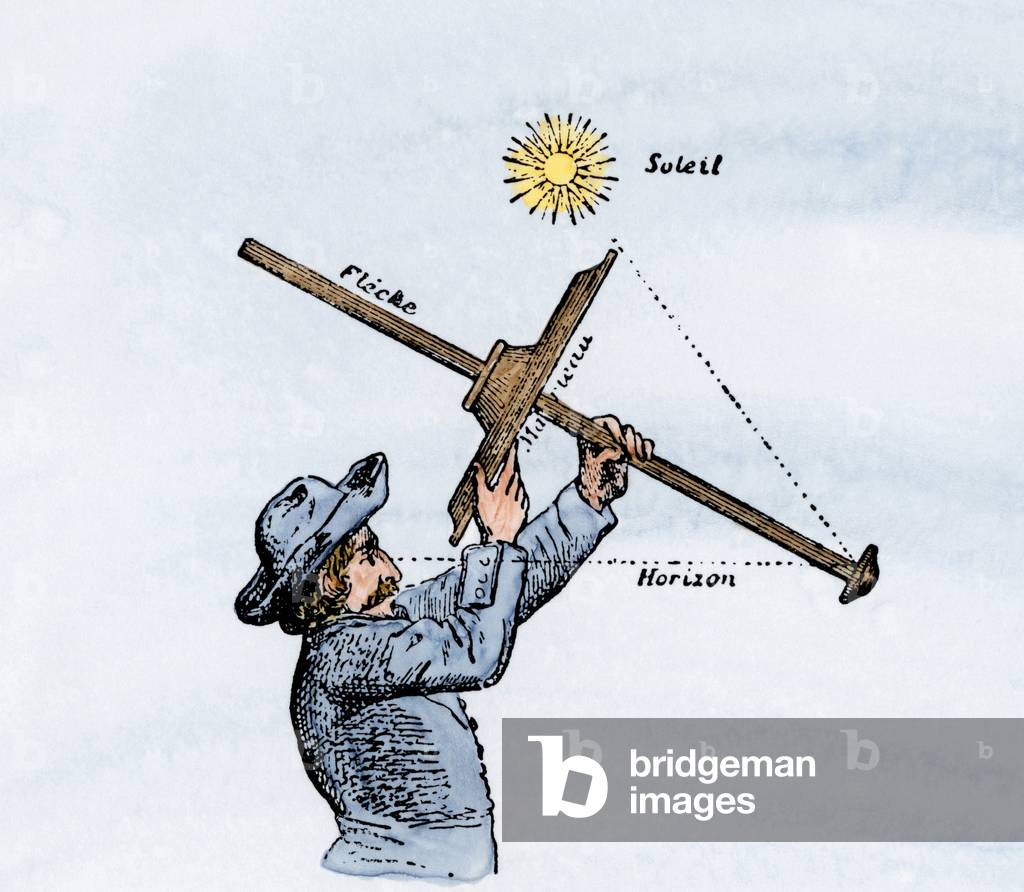 Sailor looking at his position by an octant, calculating his position relative to the sun and the horizon, for navigation. Colour engraving.