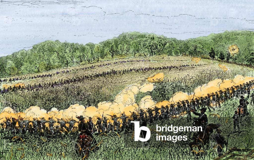 The American Civil War (1861-1865) between Union and Confederate armed forces: the Brigade of John Converse Starkweather (1829-1890) leading the Union Army at the head of the regiments of Illinois, Wisconsin, and Pennsylvania at the Battle of Perryville, Kentucky., United States in 1862. Engraving of the 19th century.