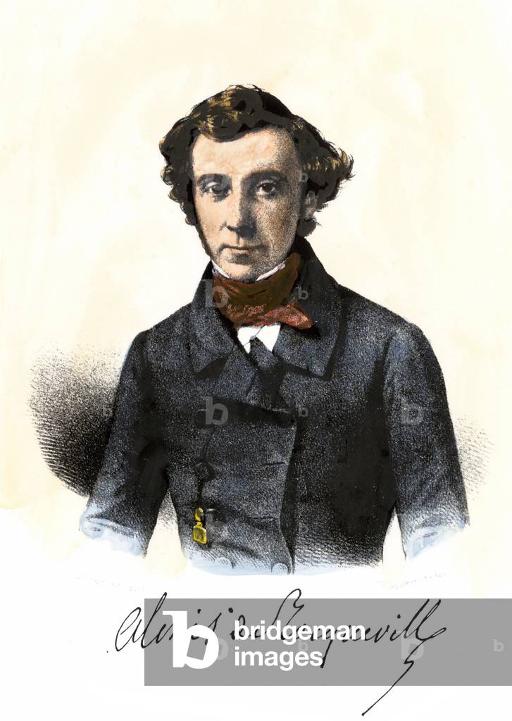 Literature: Portrait of Alexis de Tocqueville (1805-1859), French writer, with signature. Colouring engraving of the 19th century.