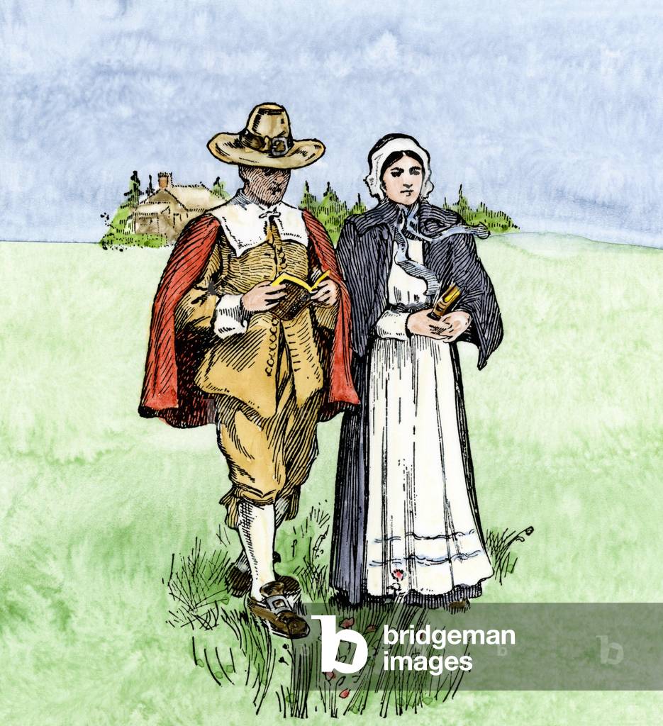 History of the settlers and the conquete of the West: American pioneers. Puritan Couple of New England (New England), 17th century. Colourful engraving of the 19th century.