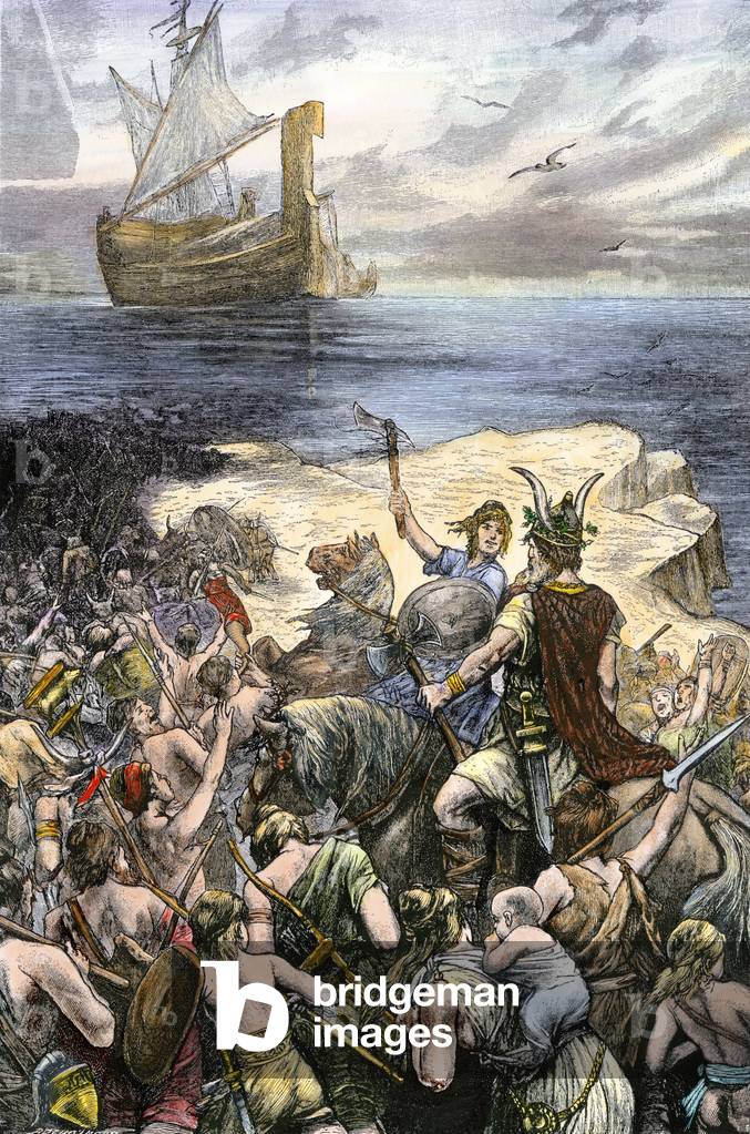 Invasioni dei barbari: guerrieri teutonici (popolo germanico) migranti dall'Italia alla Gallia. Incisione colo