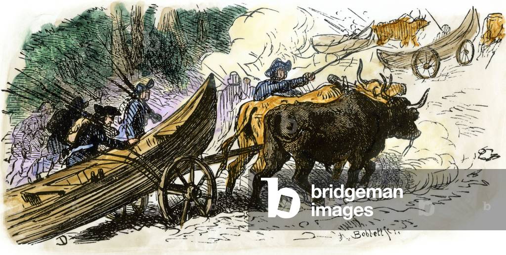 War of Independence of the United States of America (1775-1783): expedition by Benedict Arnold (1741-1801) across the wild plains of Maine to attack Quebec, 1775. Ox shooting canoes. Colouring engraving of the 19th century.