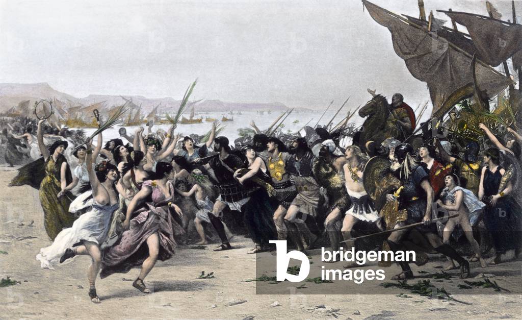 Greeks celebrating their naval victory over the Persians at Salamis (Salamine), 449 BC. Colourful engraving of the 19th century.