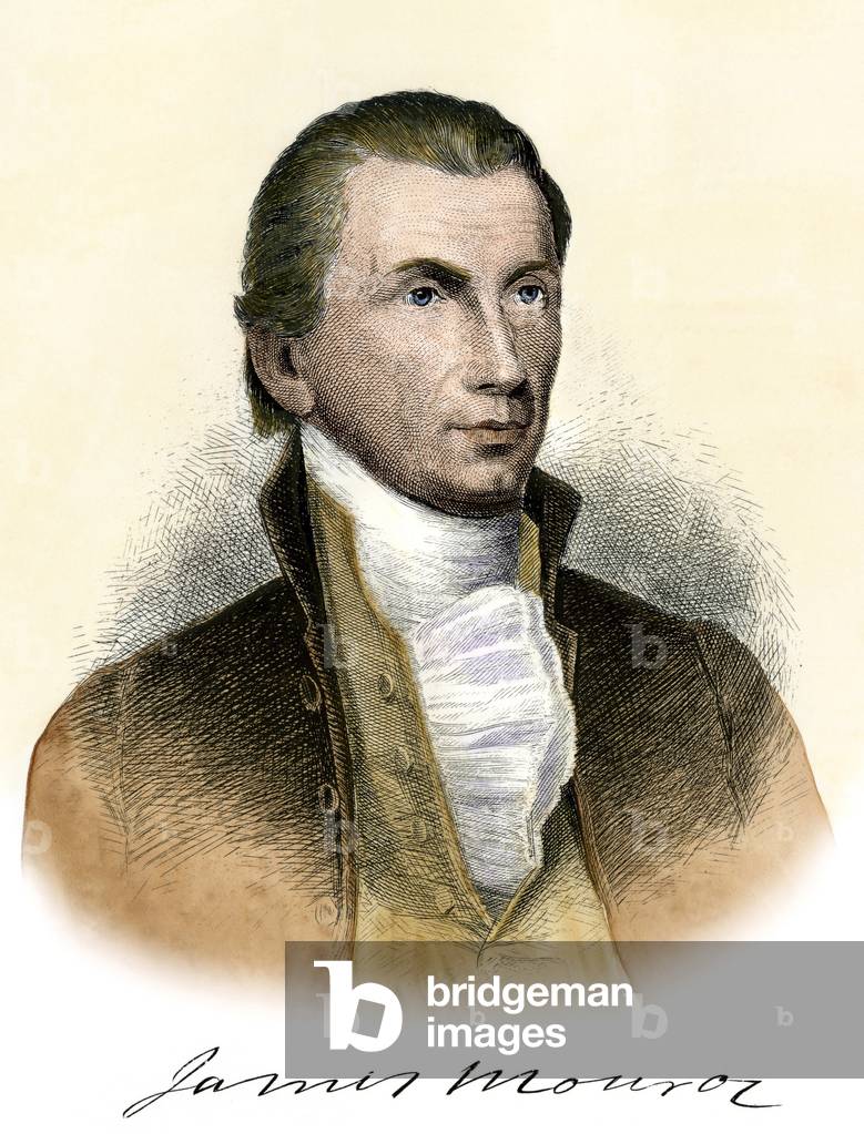 Portrait of American President James Monroe (1758-1831) with his signature. Colour engraving of the 19th century.