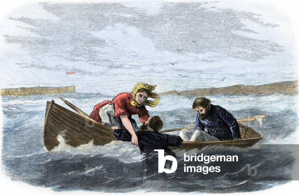 Lighthouse-keeper Ida Lewis rescuing two soldiers from drowning.