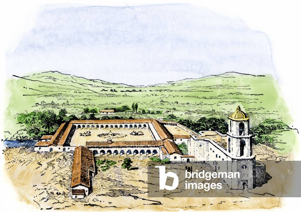 Establishment of a Spanish colonial mission typical of North America. Colouring engraving of the 19th century.
