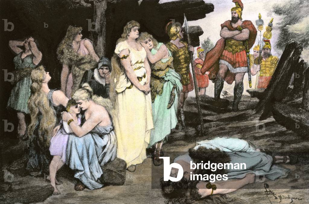 Conquete of the Roman Empire: Germanic women (Barbarians Teutons) captured by the army of Jules Cesar. Colourful engraving of the 19th century.