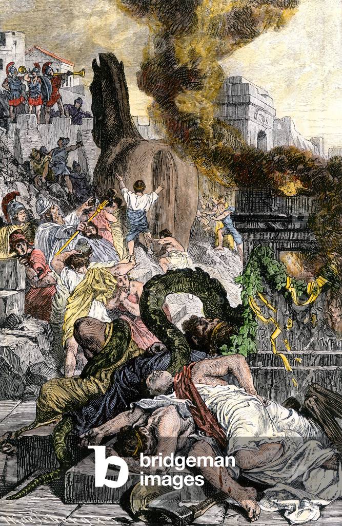 Trojan War. Trojan horse delivered by the Greek army in the Trojan city. Colouring engraving of the 19th century.