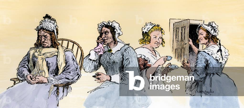 Primary school teachers in American Colonies, New England, Canada. Illustration 19th century. Engraving on wood colour.