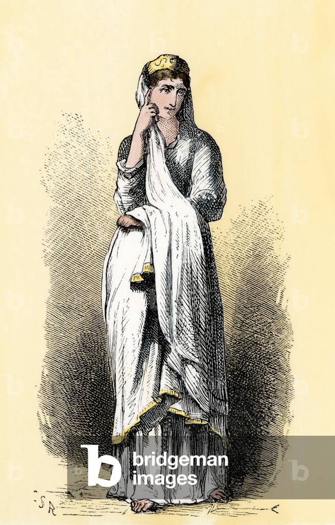 Future bride in ancient rome wearing a dress and gold jewelry. Colouring engraving of the 19th century.