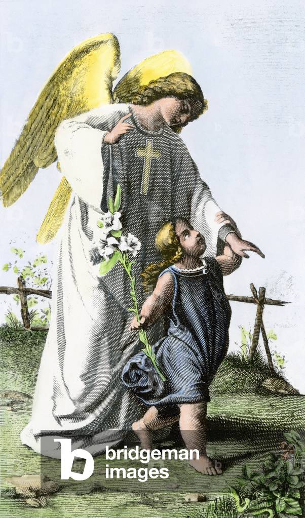 Guardian angel watching over a child. 19th century colour engraving.
