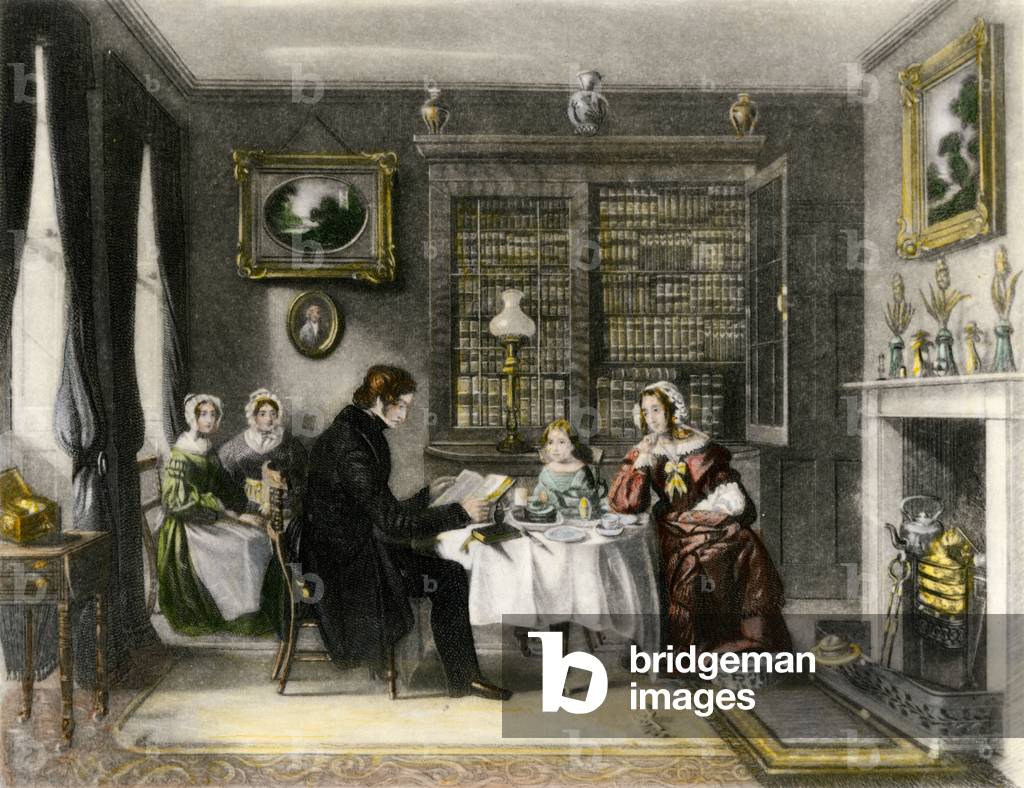 Family breakfast from an English house under Queen Victoria. Colour engraving of the 19th century.