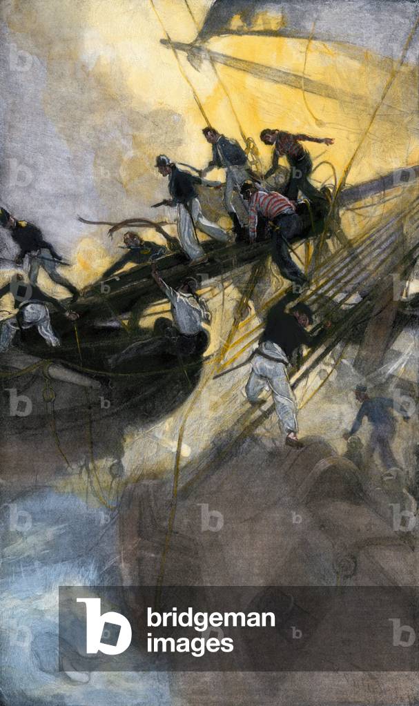 War of 1812 between the United States and Great Britain: American sailors of the “Frolic” board the English ship “Wasp”, naval battle, 1812. Colour engraving of the 19th century.