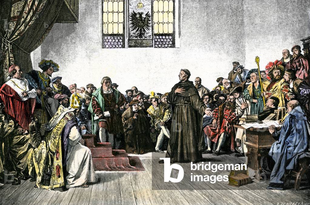 Storia delle religioni: Martin Lutero (1483-1546) difende il suo punto di vista davanti alla Dieta di Worms (r