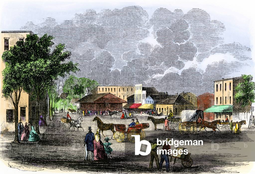 United States, Kansas: Shops and walk town square, Covington, Kentucky years 1850. Colour engraving of the 19th century.