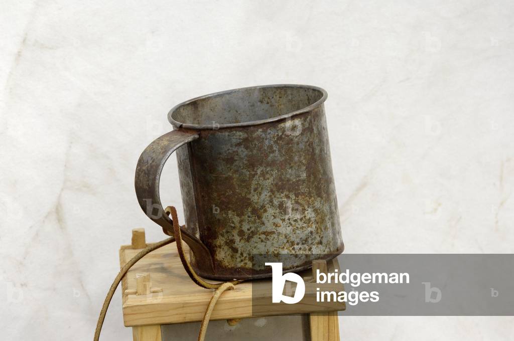 Soldier's cup in camp at a reenactment on the Yorktown battlefield, Virginia.