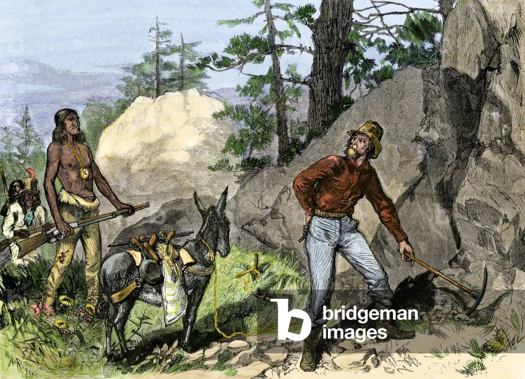 White miner illegally seeking gold in the Utes Indian Reserve, Colorado, United States, years 1870. Colour engraving of the 19th century
