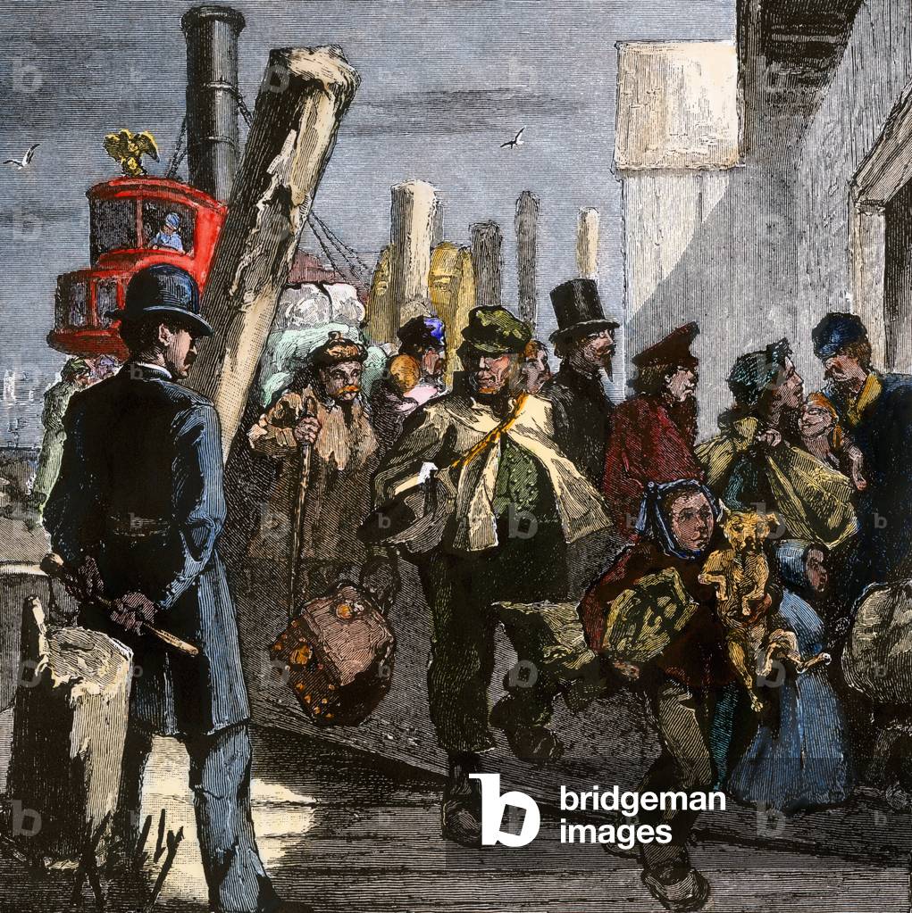 Immigrants arriving in Castle Garden, New York City, 1870s. 19th century colour engraving.