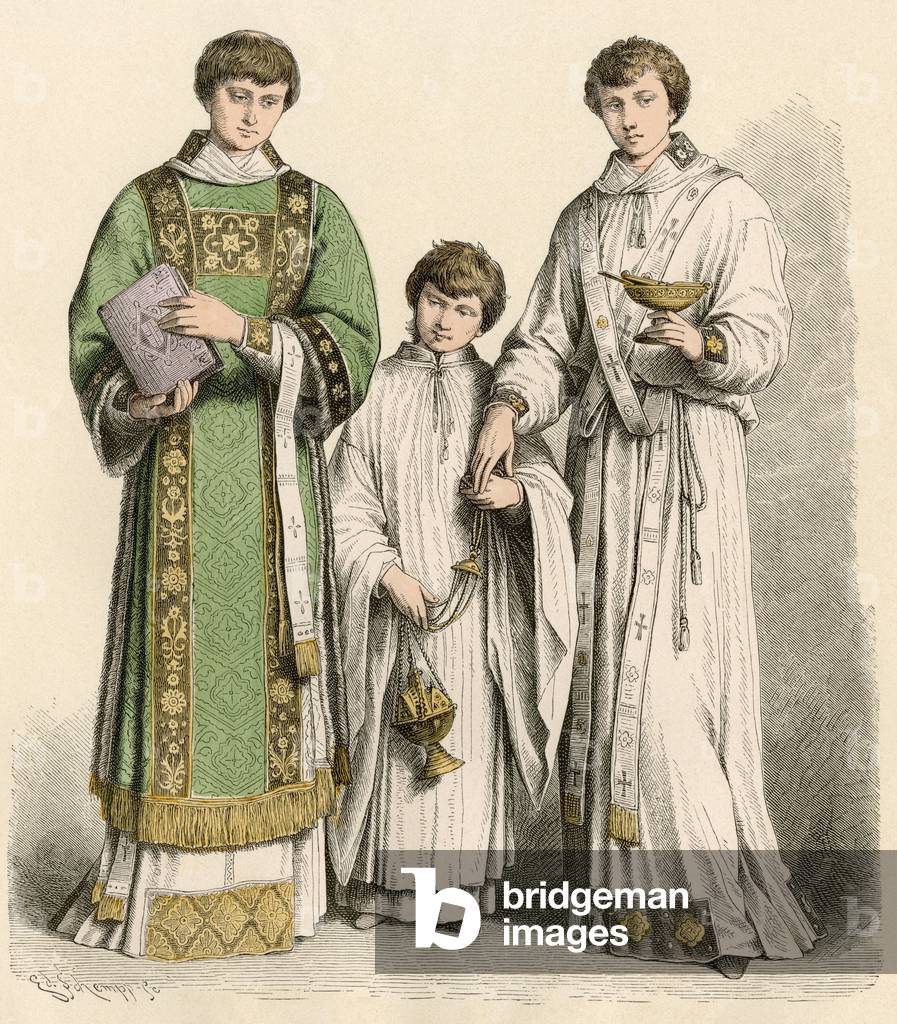 Costumes of the clergy of the Roman Catholic Church, a deacon in Dalmatics (left), a choir child and a sub deacon, 16th and 17th centuries. Old colour lithograph.