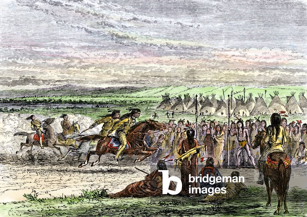 Geschichte der indigenen Völker: Pferderennen der Indianer in der Nähe ihres Dorfes in den Great Plains, 19. J