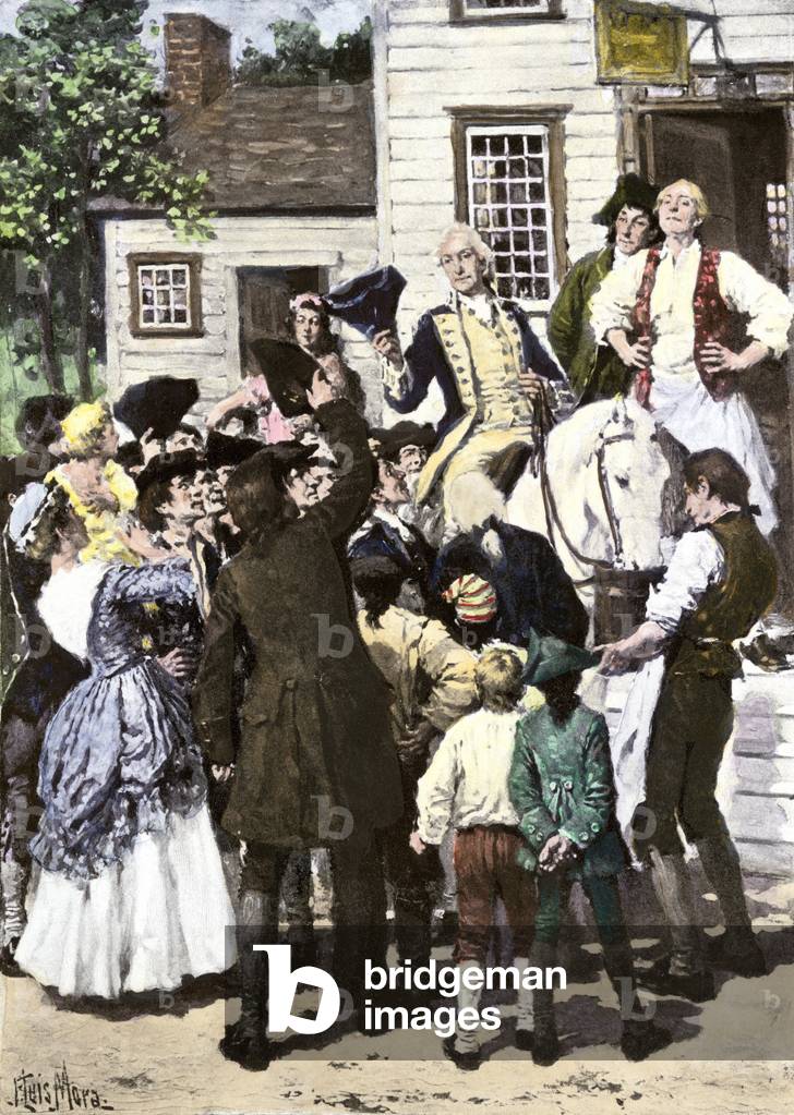 George Washington (1732-1799) on the road to Cambridge, Massachusetts to become commander of the American army, 1775. Colouring engraving of the 19th century.
