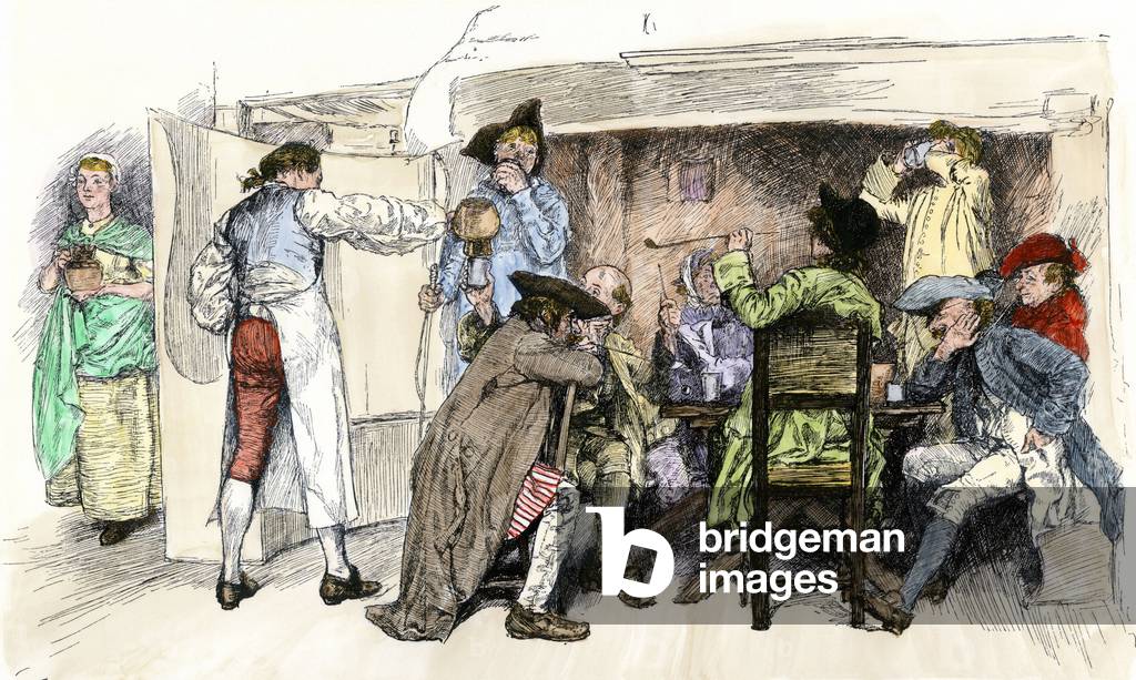 Scena felice in un pub del XVIII secolo. Incisione colorata del XIX secolo secondo un'illustrazione di E.A. Ab