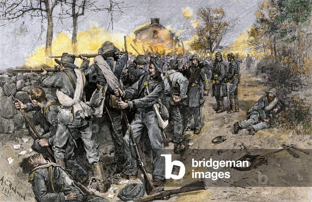 United States Secession War (1861-1865): Confederate troops of Cobb and Kershaw behind a stone wall defended Fredericksburg, Virginia, 1862. Coloured engraving of the 19th century.