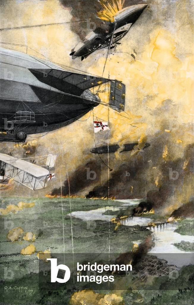 Anticipation: Air battles of the future as imagined in 1909, using modern air transport vehicles and defensive weaponry: airship, biplane, anti-aircraft fire and bomb. Colourful reproduction (Halftone) of a drawing by G.A. Coffin.