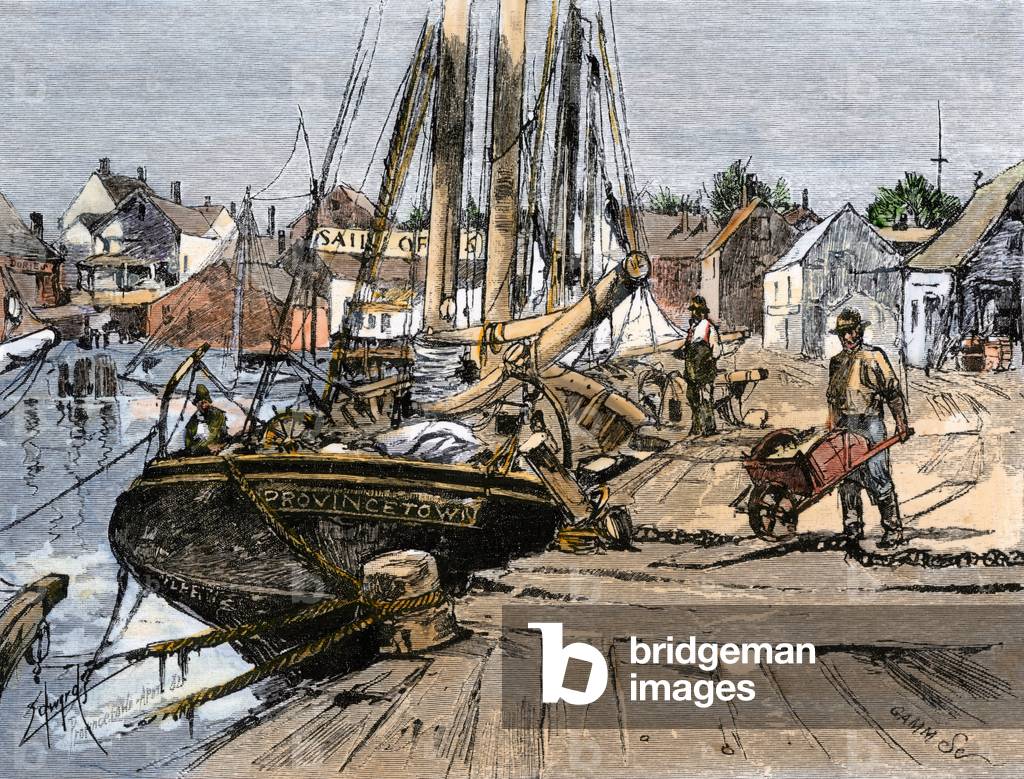 Fishing boats mooring at the wooden wharf at Central Wharf, Princetown, Massachusetts, circa 1890. Lithography, 19th century.