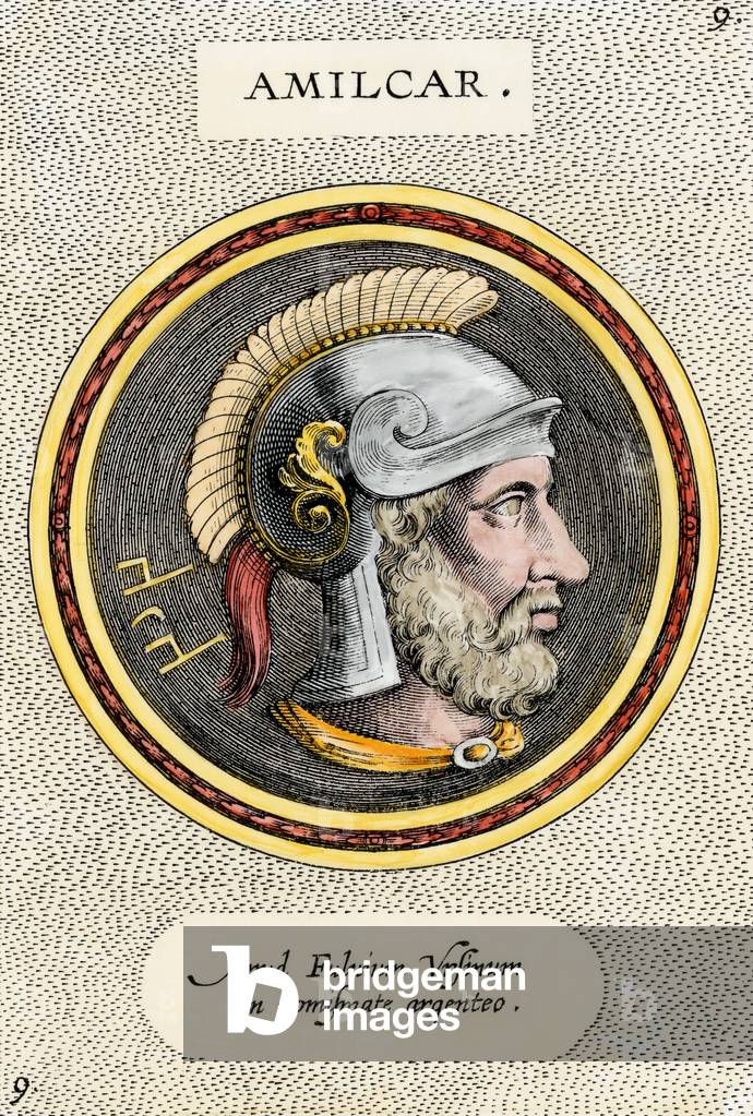 Portrait of Hamilcar Barca (or Barcas) (circa 275-228 BC), statesman and Carthaginian general, founder of the Barcides dynasty and father of Hannibal. Lithograph from 19th century illustration.