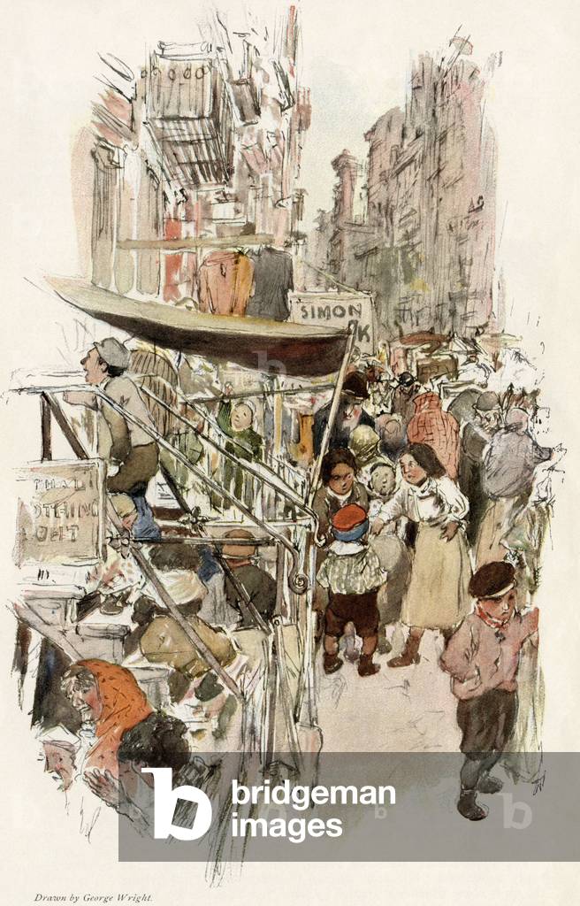 United States, New York: Immigrants on East Side street beginning of the 20th century. Reproduction of a work by George Wright