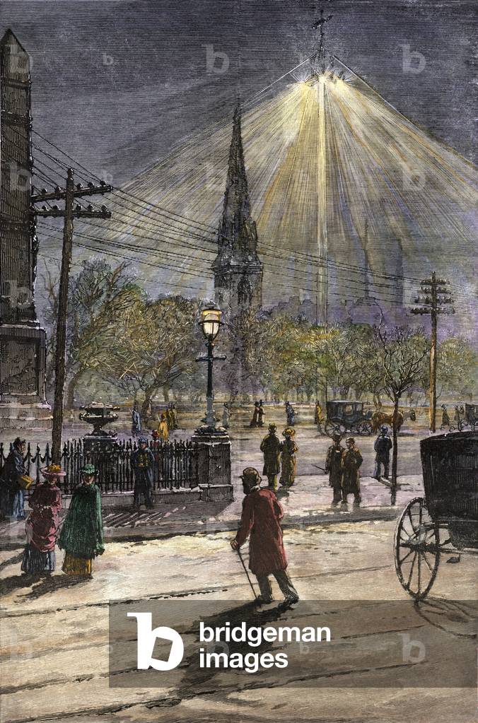 United States, New York: Madison Square lit by electric street lamps for the first time in New York City years 1880. Colour engraving of the 19th century.
