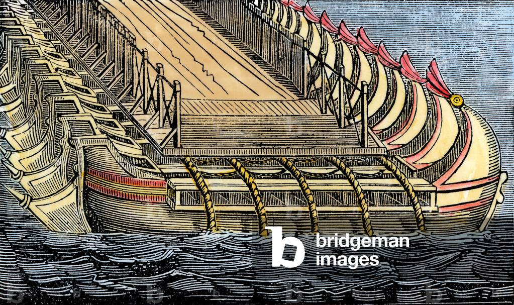 Bridge built on boats by the Persian armees of Xerxes I known as the Great (or Assuerus I, ca. 519-465 BC), member of the Routeenides dynasty, on Hellespont (detroit of the Dardanelles) to invade the territory of Greece, 480 BC. Colourful engraving of the 19th century.