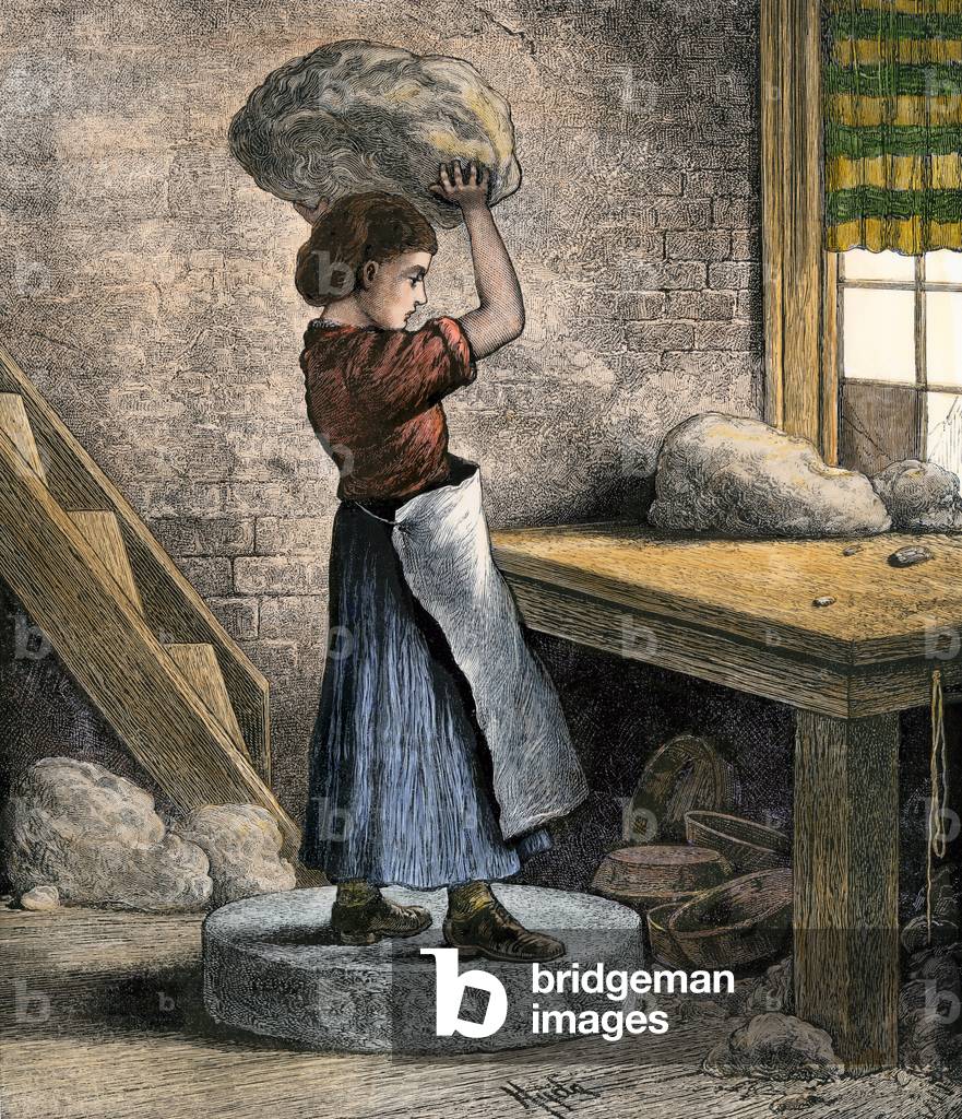 Pottery workshop: making clay. A woman throats the clay to extract the oxygen, Trenton New Jersey, year 1870. Engraving of the 19th century.