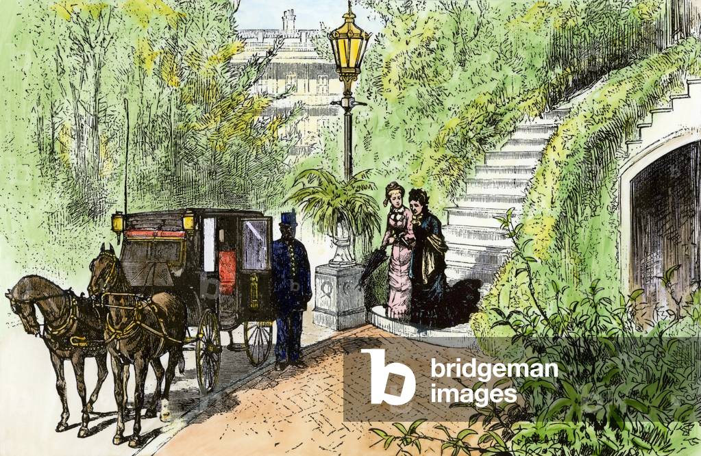 Lucretia Garfield (1832-1918), the wife of President James Abram Garfield (1831-1881) left the White House in Washington for an evening carriage ride, USA, 1881. Colour engraving of the 19th century