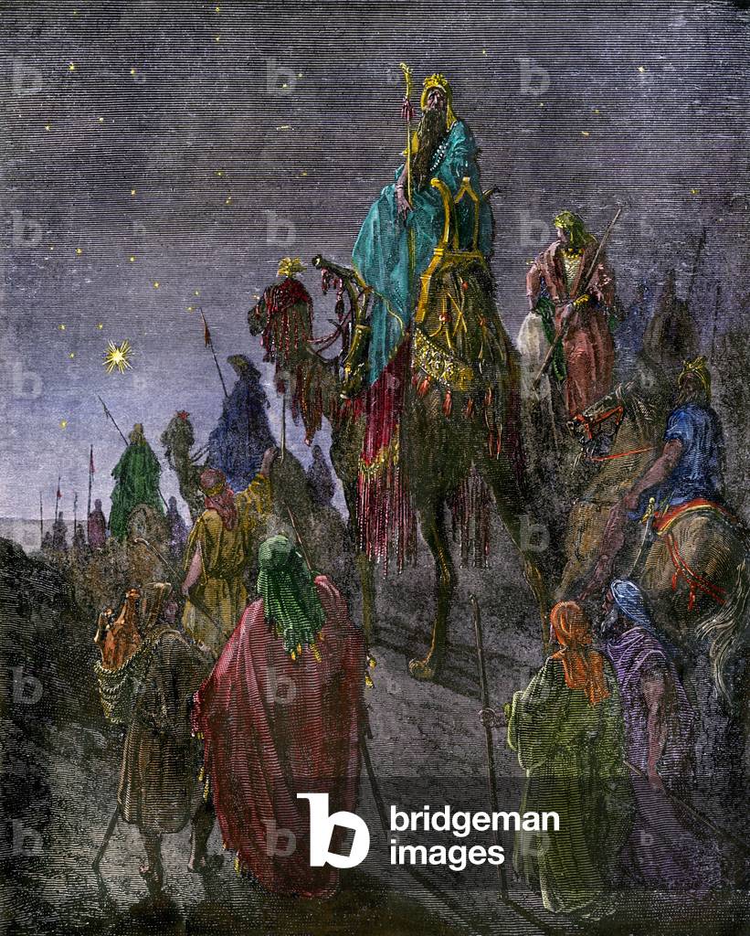 Biblical scene: Sages from the East come to see the birth of Jesus. Colourful engraving of the 19th century.