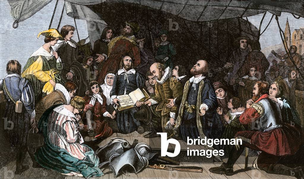 The farewell of the pelerins (Plymouth colony), gathered on the deck of the ship Mayflower, in 1620. 19th century lithography.