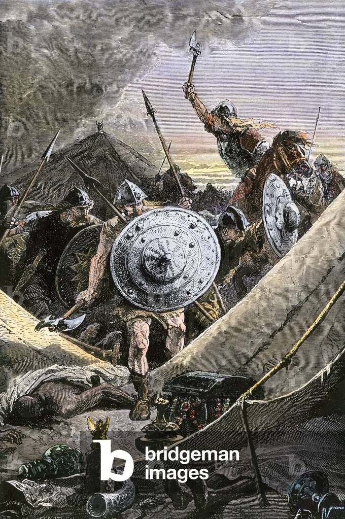 Invasions of the Moors in the Middle Ages: The Francs led by Charles Martel attacked the Saracens military camp during the Battle of Tours (Battle of Poitiers), stopping the Muslim invasion in the year 732. Colourful engraving of the 19th century.