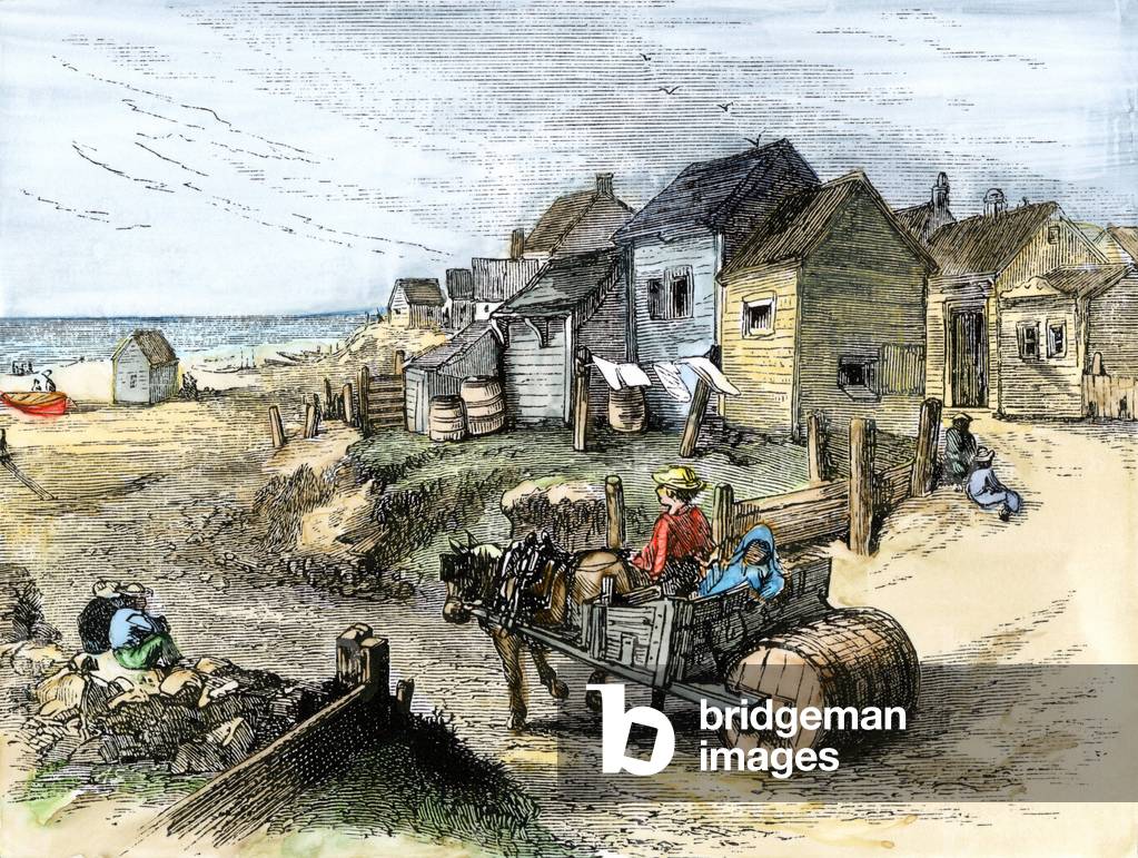 United States, Massachusetts: Cart with pony carrying a barrel filled with water in the village of Siasconset Island of Nantucket, years 1870. Colour engraving of the 19th century.