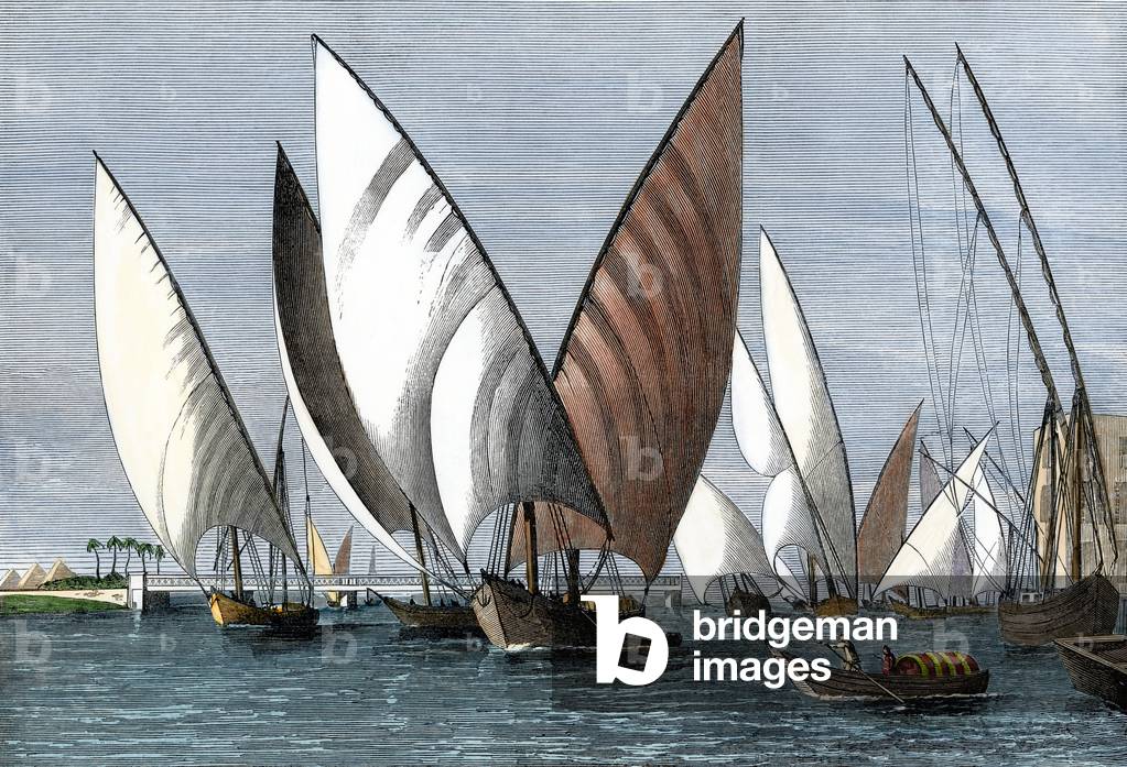 The Boulak Bridge over the Nile, and the passage of dahabieh, traditional Egyptian sailboats, Cairo (Egypt), circa 1870. 19th century lithography.
