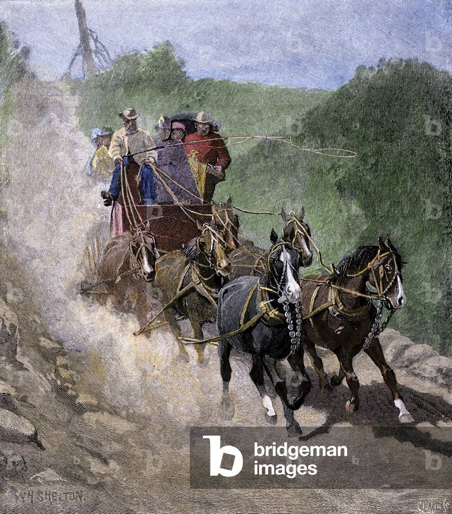 Hitch load of people making in the Yosemite valley, years 1880. Colour engraving of the 19th century.