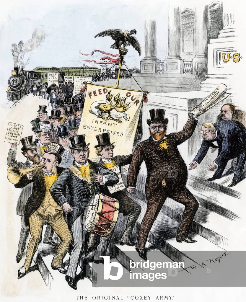 The capitalists seeking subsidies from the American government at the Congress, ironically appoints as the army of Coxey, a group of workers who marched on Washington in 1894 during the great economic depression. Cartoon by W.A. Rogers, 19th century.