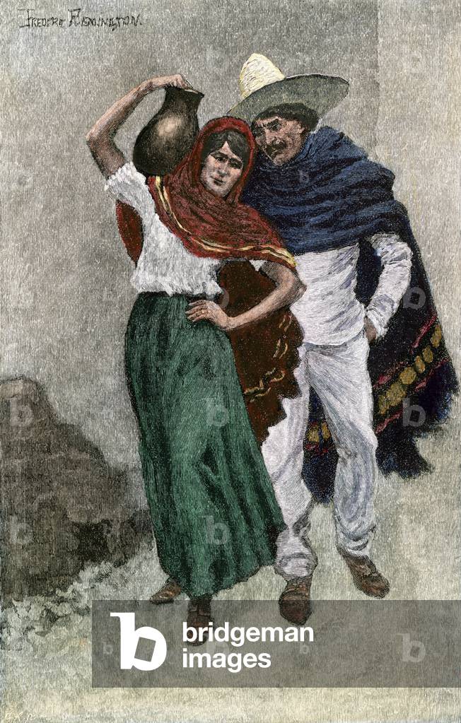 American Hispano couple (latino), Juan with a sombrero and Juanita with a jug of water, in a street, south-western state of the United States (California, New Mexico, or Texas), around 1800. Colour engraving, Frederic Remington illustration, 19th century.