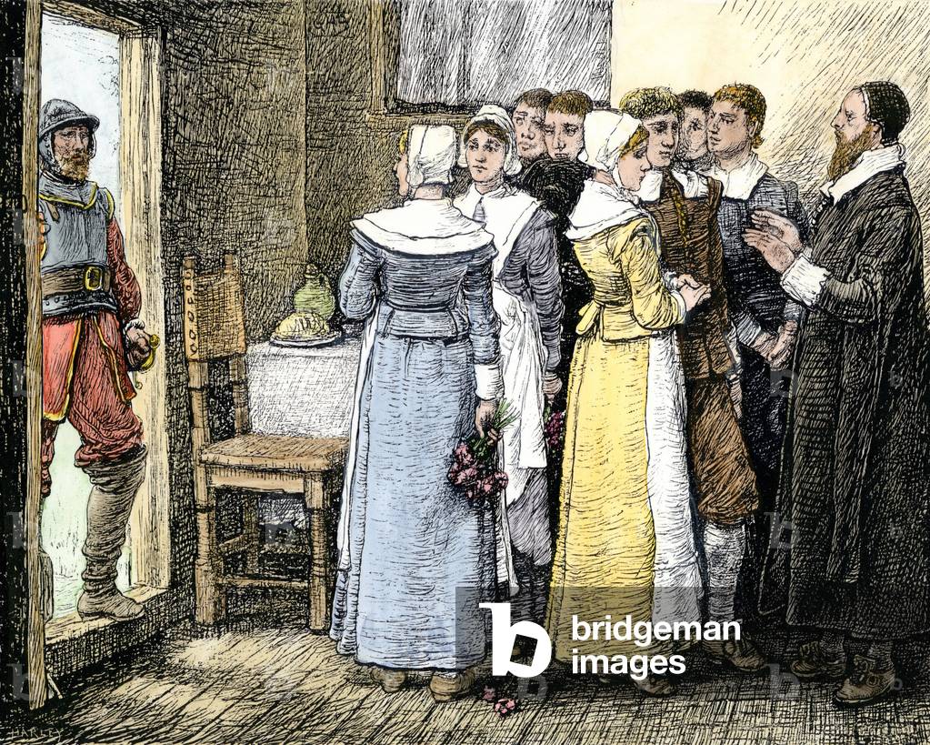 History of the West Conquete settlers: American pioneers. Marriage of Puritans in New England (New England), 17th century. Colourful engraving of the 19th century.