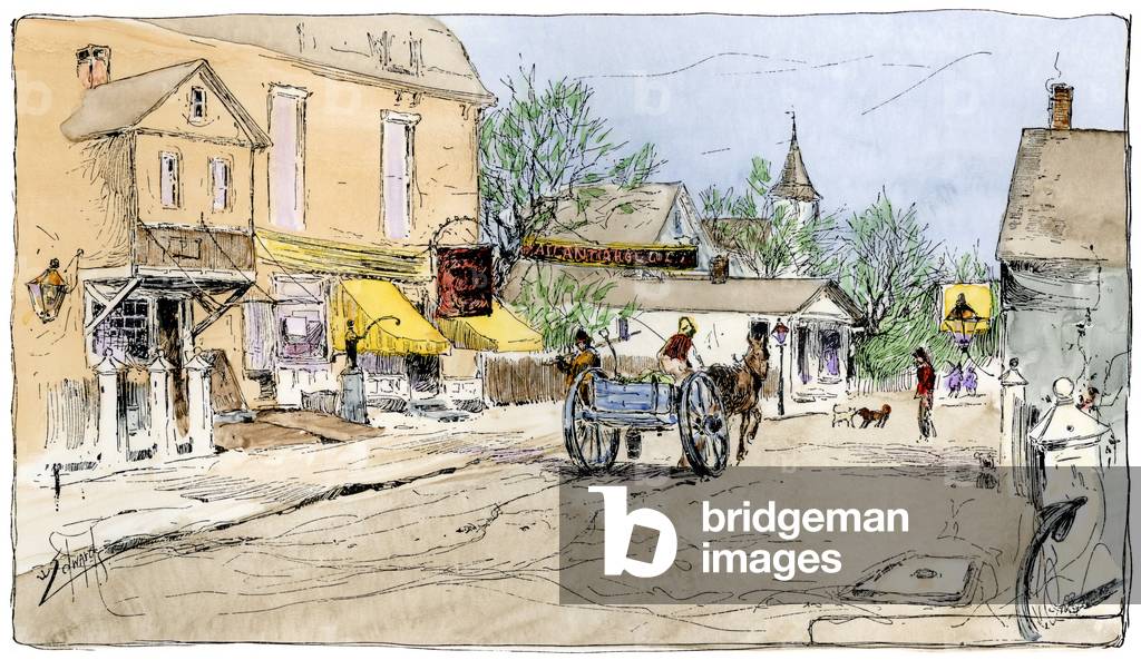 Merchant Street in Provincetown, Massachusetts (USA) - Colorisee engraving, 19th century - Commercial Street in Provincetown, Massachusetts, 1880s - Hand-colored woodcut of a 19th-century illustration