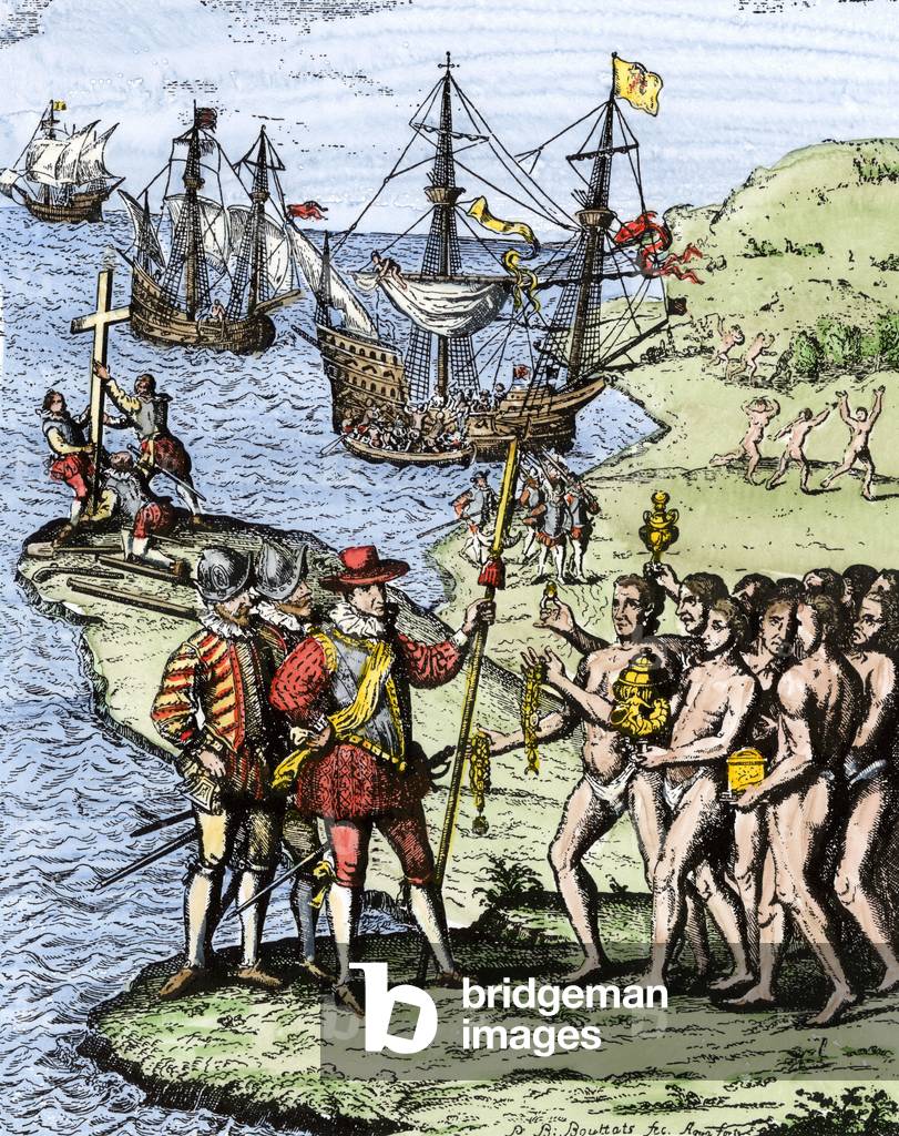 Image of Christopher Columbus welcomed by the Indians in 1492
