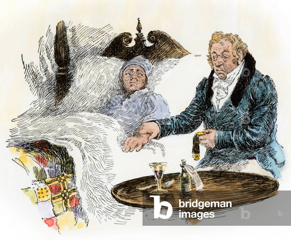 American colonial doctor taking the hen of a sick person lying in bed during a home visit in the 18th century (before the independence of the United States). Colour engraving after a 19th century illustration.
