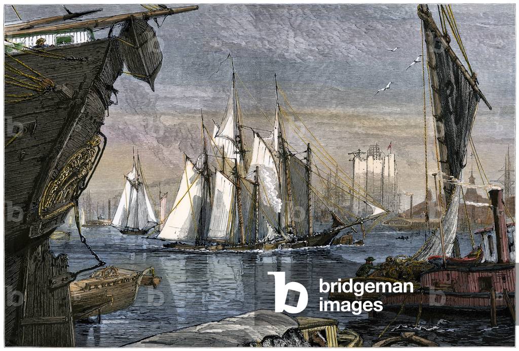 River traffic on the East River in the Port of New York (USA), circa 1880 - Colorisee engraving 19th century - East River boat traffic in New York harbor, 1880s - Hand-colored woodcut of a 19th-century illustration
